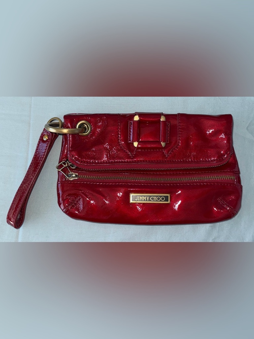 Jimmy Choo Red Patent Leather Clutch/Wristlet with Gold Hardware, Comes With COA